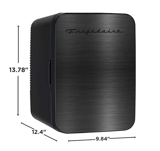 Frigidaire Mini Personal Fridge Cooler, Countertop, Holds Up to 10L/15 Cans, Brushed Black Stainless Rugged Design, Portable for Skincare, Makeup, Car, Office, Bedroom, Dorm Room, or Cabin