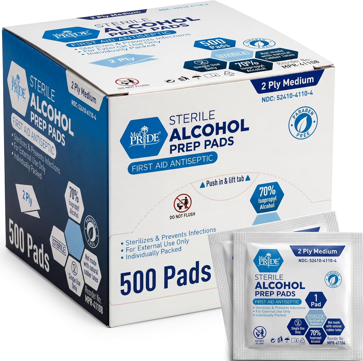MED PRIDE Sterile Alcohol Prep Pads, Medical Grade, 2-Ply, 500-Count